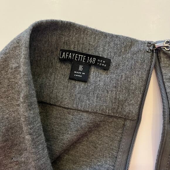 Layfayette 148 Draped Front Dress Size 16 Midi Sheath Gray Office Stretch Work - Picture 10 of 15